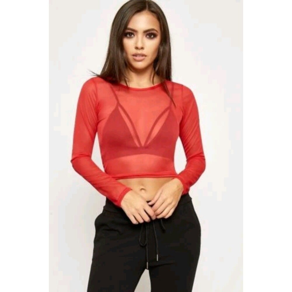 Body Rage Red Sheer Mesh Crop Long Sleeve Stretchy Top L/XL